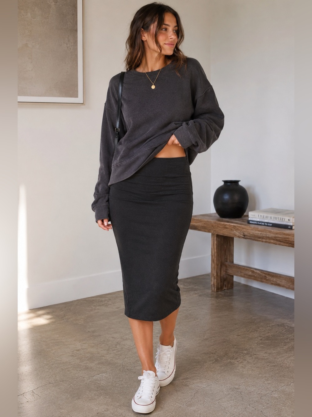 James Perse Heathered Black Double Layer Knit Pencil Pull-On‎ Midi Soft Skirt